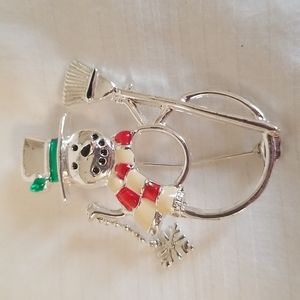 Silver Snowman Snowflake Scarf Broom Brooch